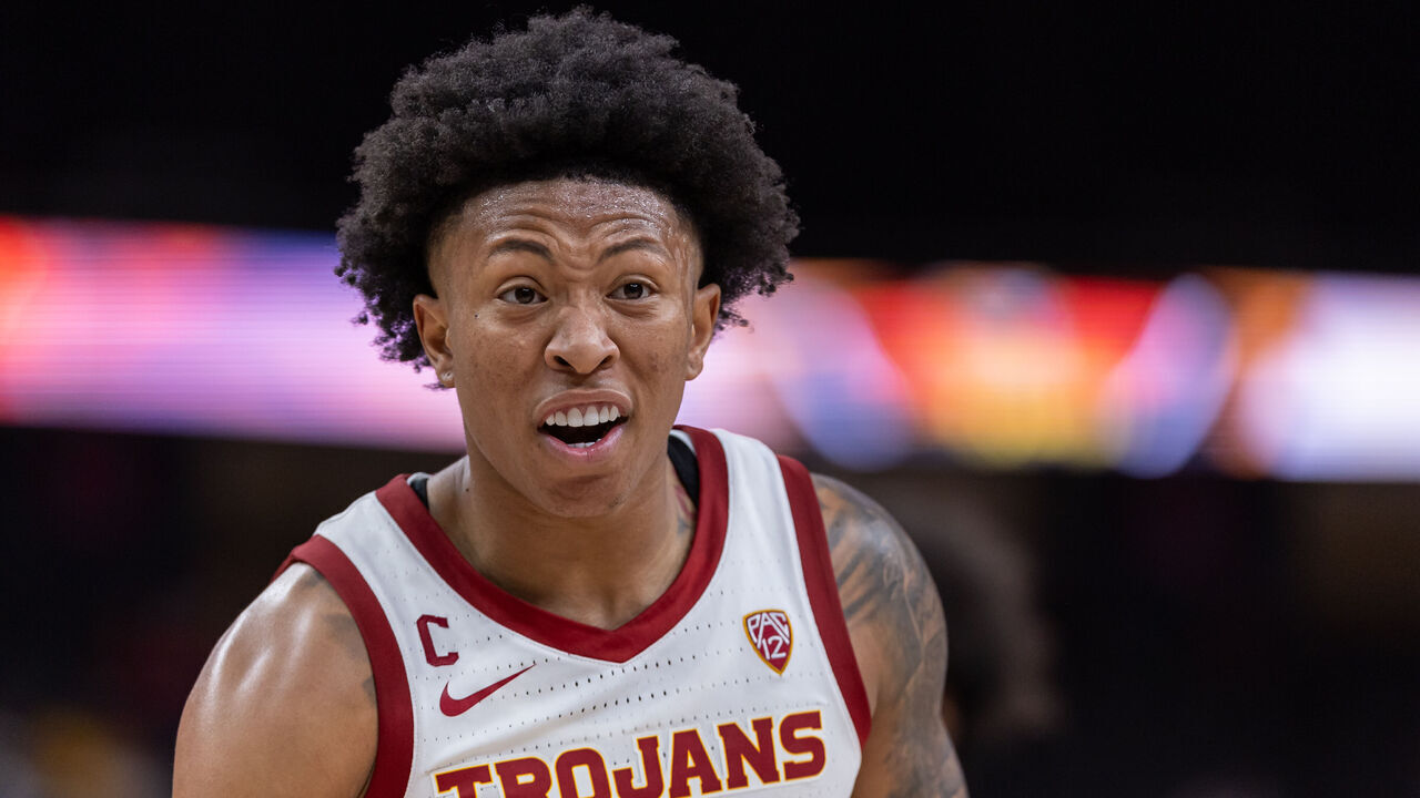 LAS VEGAS, NEVADA - NOVEMBER 6: Boogie Ellis #5 of the USC Trojans is seen during the game during the game against the Kansas State Wildcats in the Naismith Hall of Fame Series at T-Mobile Arena on November 6, 2023 in Las Vegas, Nevada.