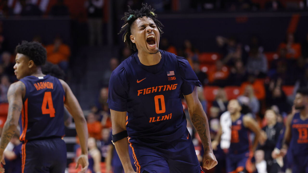 CHAMPAIGN, ILLINOIS - NOVEMBER 17: Terrence Shannon Jr. #0 of the Illinois Fighting Illini reacts after a play in the game against the Valparaiso Crusaders during the second half at State Farm Center on November 17, 2023 in Champaign, Illinois.