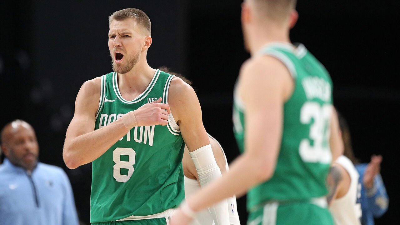 MEMPHIS, TENNESSEE - NOVEMBER 19: Kristaps Porzingis #8 of the Boston Celtics reacts during the second half against the Memphis Grizzlies at FedExForum on November 19, 2023 in Memphis, Tennessee.