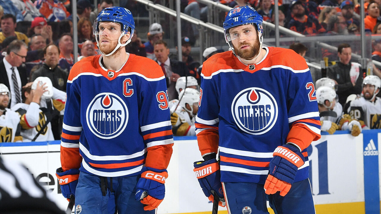 EDMONTON, CANADA - MAY 8: Connor McDavid #97 and Leon Draisaitl #29 of the Edmonton Oilers await a face-off in Game Three of the Second Round of the 2023 Stanley Cup Playoffs against the Vegas Golden Knights at Rogers Place on May 8, 2023, in Edmonton, Alberta, Canada.