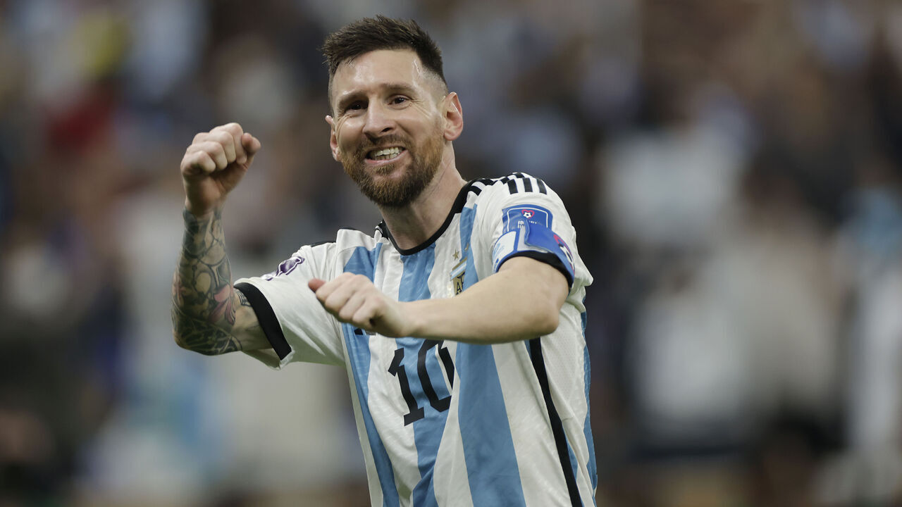 Lionel Messi of Argentina celebrates scoring the third Argentina goal during the FIFA World Cup 2022 Final between Argentina and France at Lusail Iconic Stadium on December 18th 2022 in Doha, Qatar