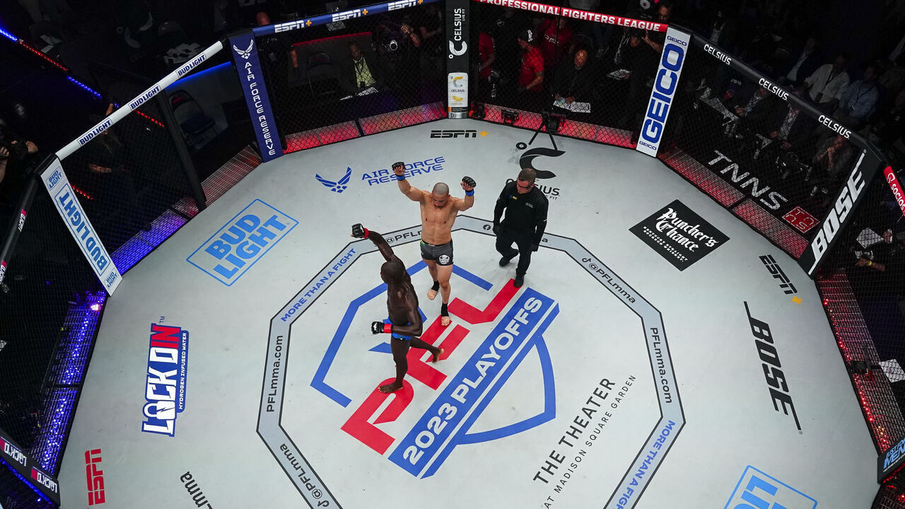 NEW YORK CITY, NY - AUGUST 23: Sadibou Sy celebrates after defeating Carlos Leal during PFL 2023 week 9 at The Theater at Madison Square Garden on August 23, 2023 in New York City.