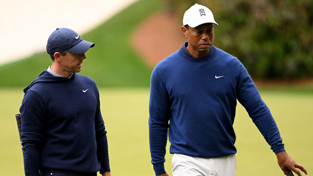 AUGUSTA, GEORGIA - APRIL 03: Rory McIlroy of Northern Ireland and Tiger Woods of the USA during a practice round prior to the 2023 Masters Tournament at Augusta National Golf Club on April 03, 2023 in Augusta, Georgia.