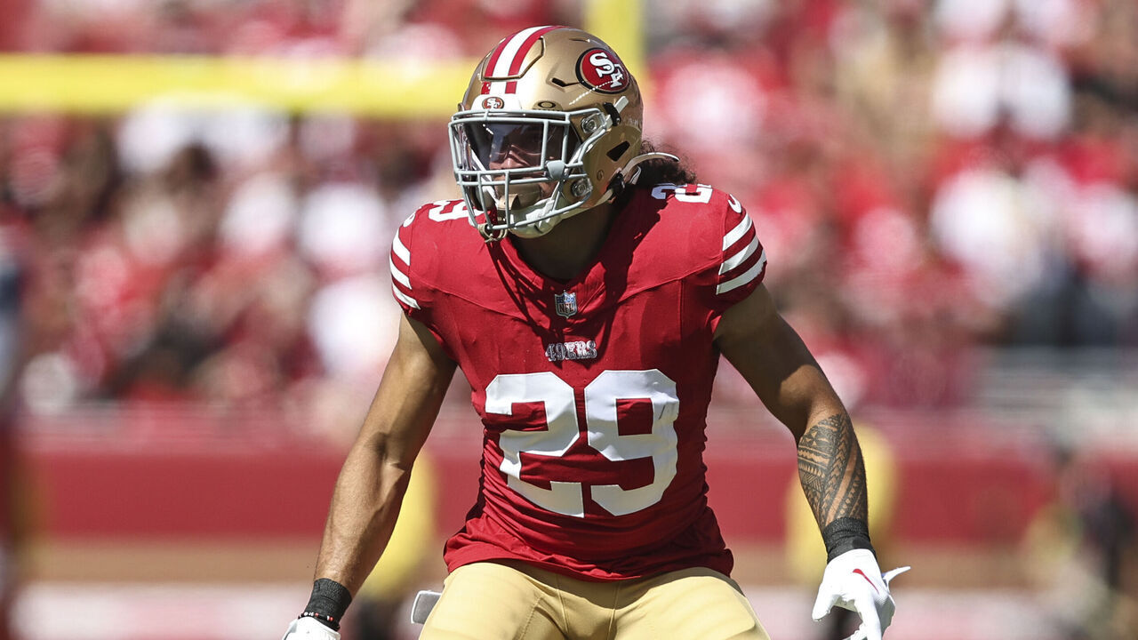 SANTA CLARA, CALIFORNIA - OCTOBER 01: Talanoa Hufanga #29 of the San Francisco 49ers defends during an NFL football game between the San Francisco 49ers and the Arizona Cardinals at Levi's Stadium on October 01, 2023 in Santa Clara, California.