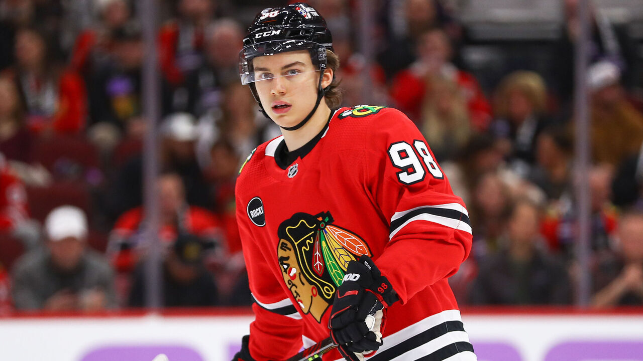 CHICAGO, IL - NOVEMBER 19: Connor Bedard #98 of the Chicago Blackhawks looks on during the first period against the Buffalo Sabres at the United Center on November 19, 2023 in Chicago, Illinois.