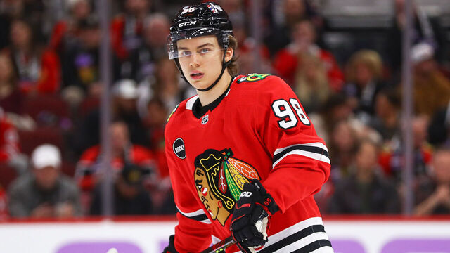 CHICAGO, IL - NOVEMBER 19: Connor Bedard #98 of the Chicago Blackhawks looks on during the first period against the Buffalo Sabres at the United Center on November 19, 2023 in Chicago, Illinois.