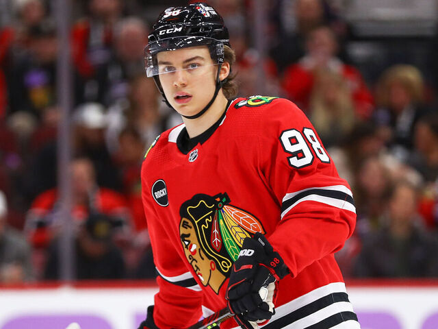 CHICAGO, IL - NOVEMBER 19: Connor Bedard #98 of the Chicago Blackhawks looks on during the first period against the Buffalo Sabres at the United Center on November 19, 2023 in Chicago, Illinois.
