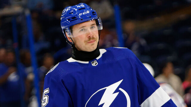TAMPA, FLORIDA - NOVEMBER 18: Cole Koepke #45 of the Tampa Bay Lightning warms up prior to a game against the Edmonton Oilers while wearing a neck guard at Amalie Arena on November 18, 2023 in Tampa, Florida.