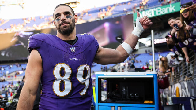 BALTIMORE, MD - NOVEMBER 05: Mark Andrews #89 of the Baltimore Ravens interacts with fans after the game against the Seattle Seahawks at M&T Bank Stadium on November 5, 2023 in Baltimore, Maryland.