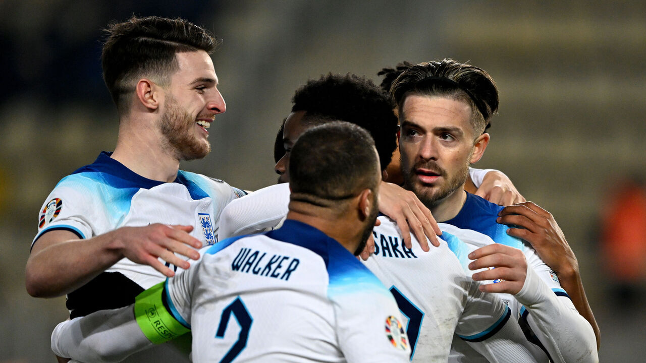 SKOPJE, MACEDONIA - NOVEMBER 20: Jack Grealish of England celebrates after scoring a goal which is later disallowed by VAR for offside during the UEFA EURO 2024 European qualifier match between North Macedonia and England at National Arena Todor Proeski on November 20, 2023 in Skopje, Macedonia.