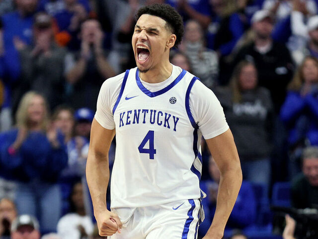 LEXINGTON, KENTUCKY - NOVEMBER 20: Tre Mitchell #4 of the Kentucky Wildcats celebrates during the 96-88 OT win against the Saint Joseph's Hawks at Rupp Arena on November 20, 2023 in Lexington, Kentucky.