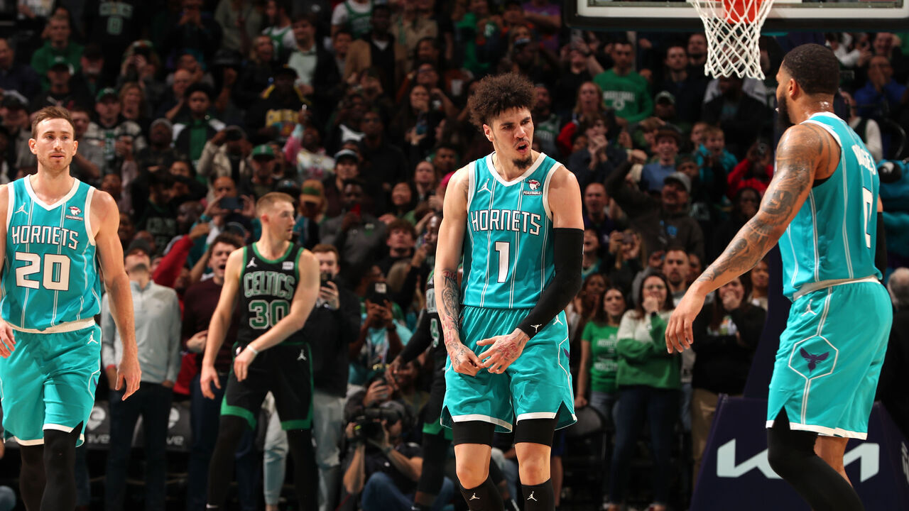 CHARLOTTE, NC - NOVEMBER 20: LaMelo Ball #1 of the Charlotte Hornets celebrates during the game against the Boston Celtics on November 20, 2023 at Spectrum Center in Charlotte, North Carolina. Mandatory Copyright Notice: Copyright 2023 NBAE