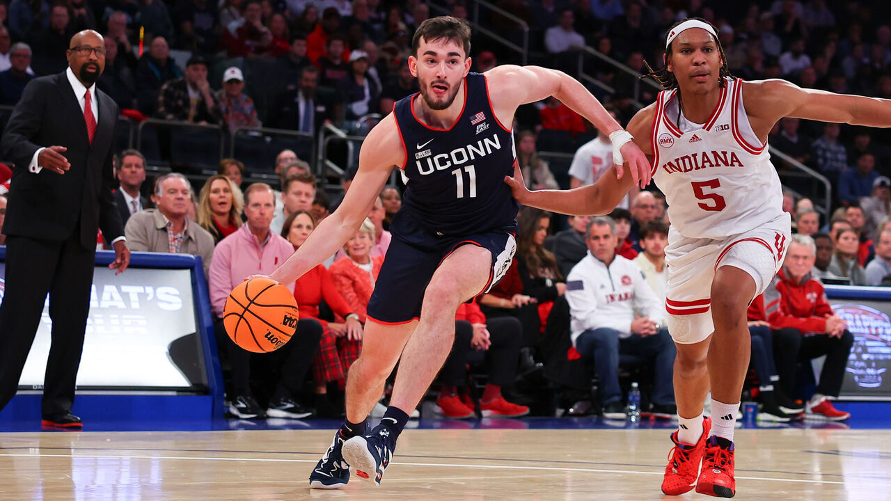 NEW YORK, NY - NOVEMBER 19: Alex Karaban #11 of the Connecticut Huskies during the first half of the Empire Classic college basketball game against the Indiana Hoosiers on November 19, 2023 at Madison Square Garden in New York, New York,