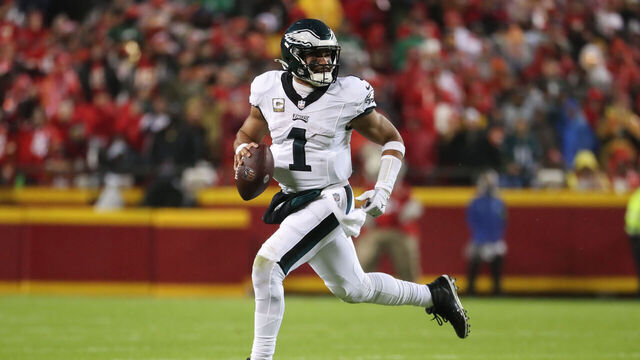 KANSAS CITY, MO - NOVEMBER 20: Philadelphia Eagles quarterback Jalen Hurts (1) rolls out in the first quarter of an NFL football game between the Philadelphia Eagles and Kansas City Chiefs on Nov 20, 2023 at GEHA Field at Arrowhead Stadium in Kansas City, MO.