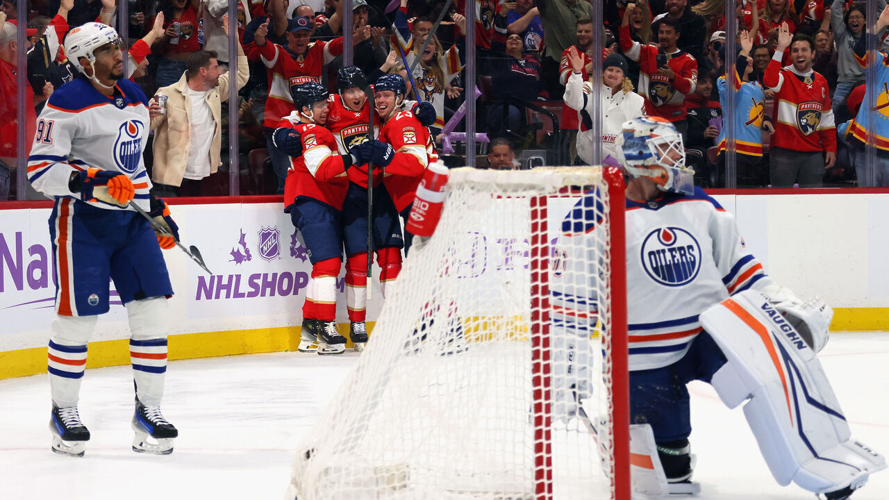 SUNRISE, FLORIDA - NOVEMBER 20: Niko Mikkola #77 of the Florida Panthers (C) scores at 6:08 of the second period against Calvin Pickard #30 of the Edmonton Oilers at Amerant Bank Arena on November 20, 2023 in Sunrise, Florida.