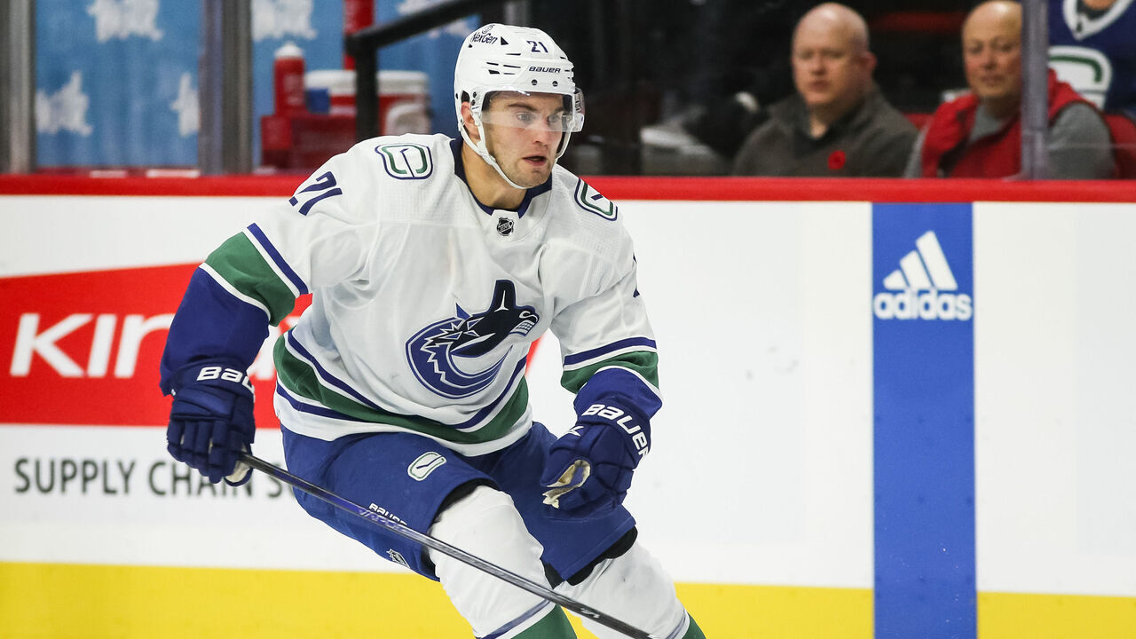 OTTAWA, CANADA - NOVEMBER 09: Nils Hoglander #21 of the Vancouver Canucks skates against the Ottawa Senators at Canadian Tire Centre on November 09, 2023 in Ottawa, Ontario, Canada.