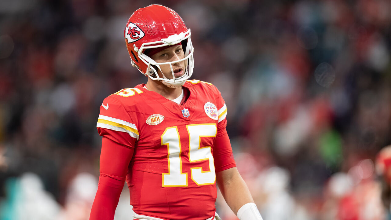 FRANKFURT AM MAIN, GERMANY - NOVEMBER 5: Patrick Mahomes of Kansas City Chiefs looks on during the NFL match between Miami Dolphins and Kansas City Chiefs at Deutsche Bank Park on November 5, 2023 in Frankfurt am Main, Germany.