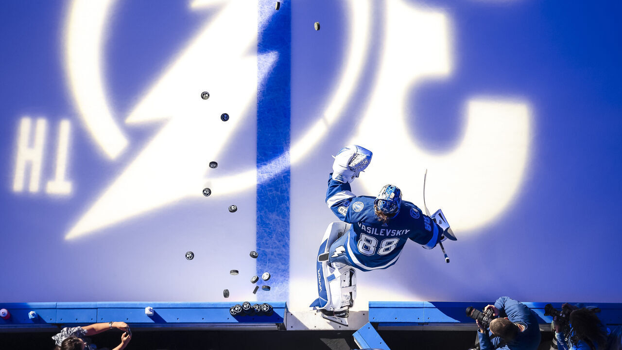 TAMPA, FL - APRIL 29: Goalie Andrei Vasilevskiy #88 of the Tampa Bay Lightning against the Toronto Maple Leafs during the pregame warm-ups in Game Six of the First Round of the 2023 Stanley Cup Playoffs at Amalie Arena on April 29, 2023 in Tampa, Florida.