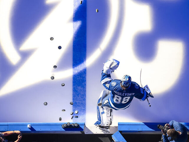 TAMPA, FL - APRIL 29: Goalie Andrei Vasilevskiy #88 of the Tampa Bay Lightning against the Toronto Maple Leafs during the pregame warm-ups in Game Six of the First Round of the 2023 Stanley Cup Playoffs at Amalie Arena on April 29, 2023 in Tampa, Florida.