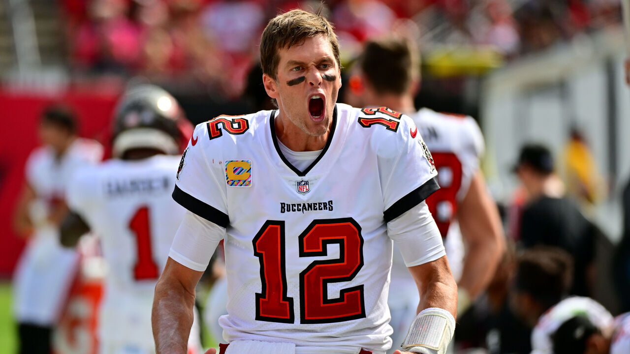 TAMPA, FLORIDA - OCTOBER 09: Tom Brady #12 of the Tampa Bay Buccaneers reacts on the sideline during the second half in the game against the Atlanta Falcons at Raymond James Stadium on October 09, 2022 in Tampa, Florida.