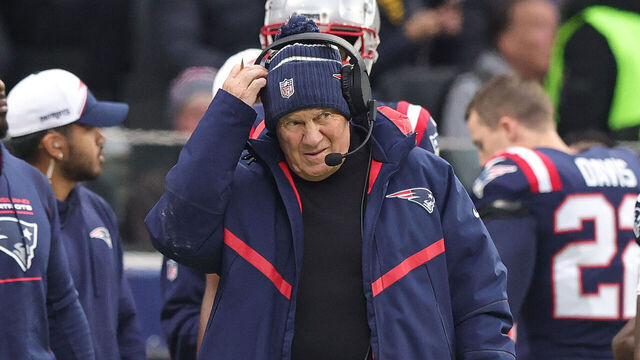FRANKFURT AM MAIN, GERMANY - NOVEMBER 12: Head coach Bill Belichick of New England Patriots looks on during the NFL match between Indianapolis Colts and New England Patriots at Deutsche Bank Park on November 12, 2023 in Frankfurt am Main, Germany.