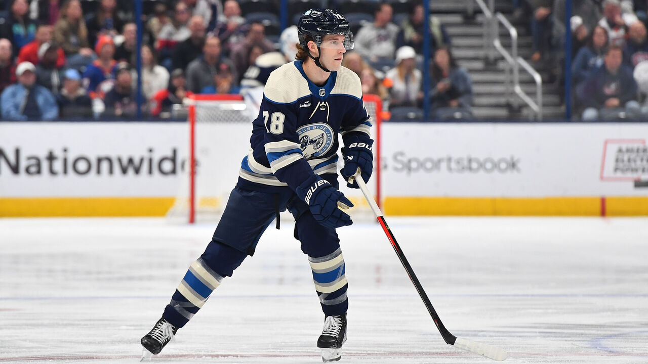 COLUMBUS, OHIO - OCTOBER 28: Damon Severson #78 of the Columbus Blue Jackets skates during the first period of a game against the New York Islanders at Nationwide Arena on October 28, 2023 in Columbus, Ohio.