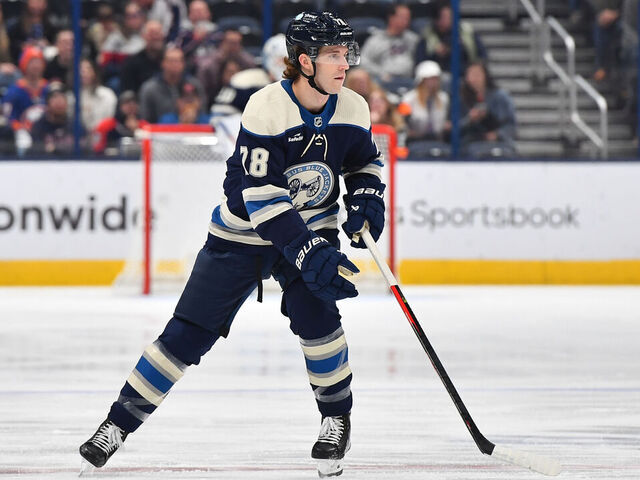 COLUMBUS, OHIO - OCTOBER 28: Damon Severson #78 of the Columbus Blue Jackets skates during the first period of a game against the New York Islanders at Nationwide Arena on October 28, 2023 in Columbus, Ohio.