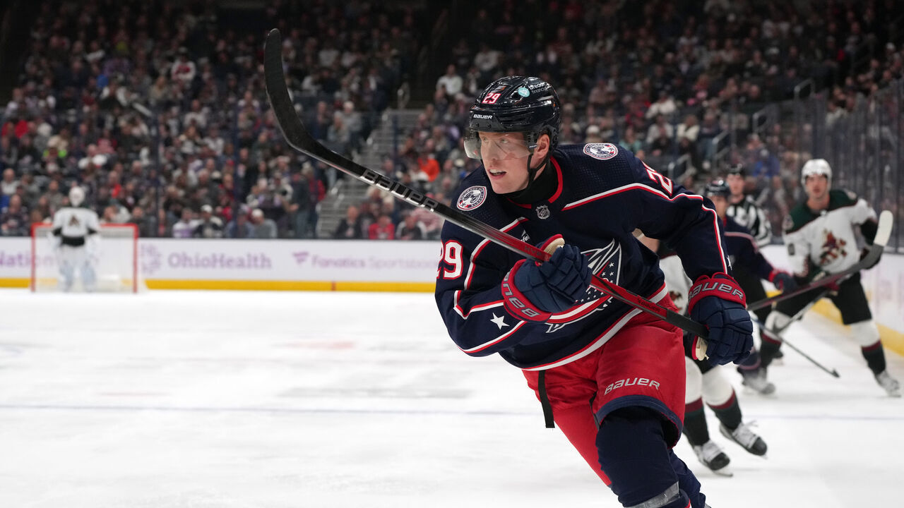 COLUMBUS, OHIO - NOVEMBER 16: Patrik Laine #29 of the Columbus Blue Jackets skates during the first period against the Arizona Coyotes at Nationwide Arena on November 16, 2023 in Columbus, Ohio.