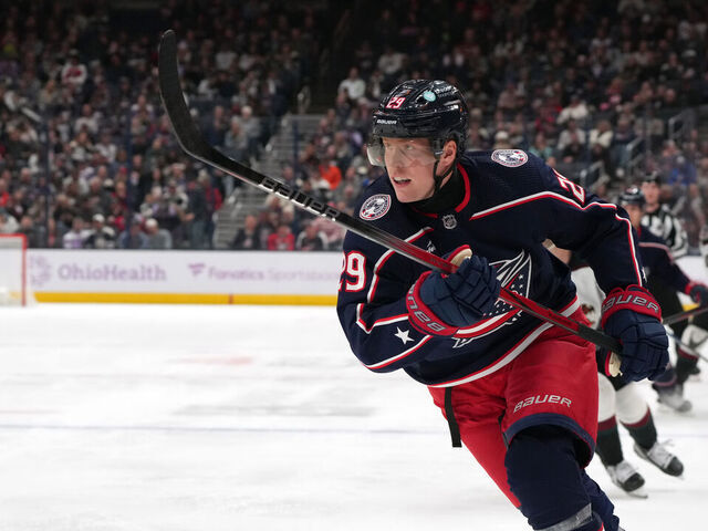 COLUMBUS, OHIO - NOVEMBER 16: Patrik Laine #29 of the Columbus Blue Jackets skates during the first period against the Arizona Coyotes at Nationwide Arena on November 16, 2023 in Columbus, Ohio.