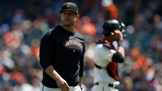 SAN FRANCISCO, CALIFORNIA - MAY 07: Pitching coach Andrew Bailey #84 of the San Francisco Giants looks on during the game against the Milwaukee Brewers at Oracle Park on May 07, 2023 in San Francisco, California.