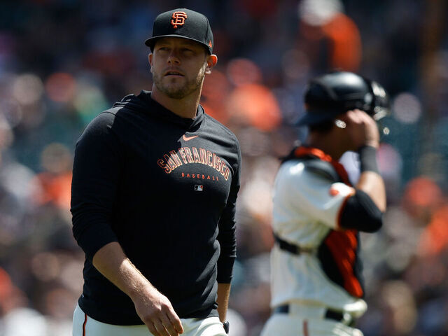 SAN FRANCISCO, CALIFORNIA - MAY 07: Pitching coach Andrew Bailey #84 of the San Francisco Giants looks on during the game against the Milwaukee Brewers at Oracle Park on May 07, 2023 in San Francisco, California.