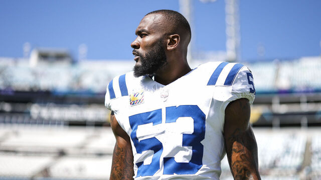 JACKSONVILLE, FL - OCTOBER 15: Shaquille Leonard #53 of the Indianapolis Colts warms up prior to an NFL game against the Jacksonville Jaguars at EverBank Field on October 15, 2023 in Jacksonville, Florida.