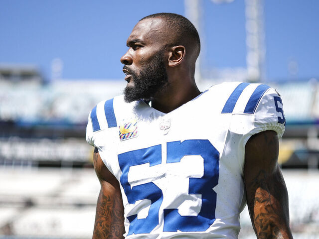 JACKSONVILLE, FL - OCTOBER 15: Shaquille Leonard #53 of the Indianapolis Colts warms up prior to an NFL game against the Jacksonville Jaguars at EverBank Field on October 15, 2023 in Jacksonville, Florida.