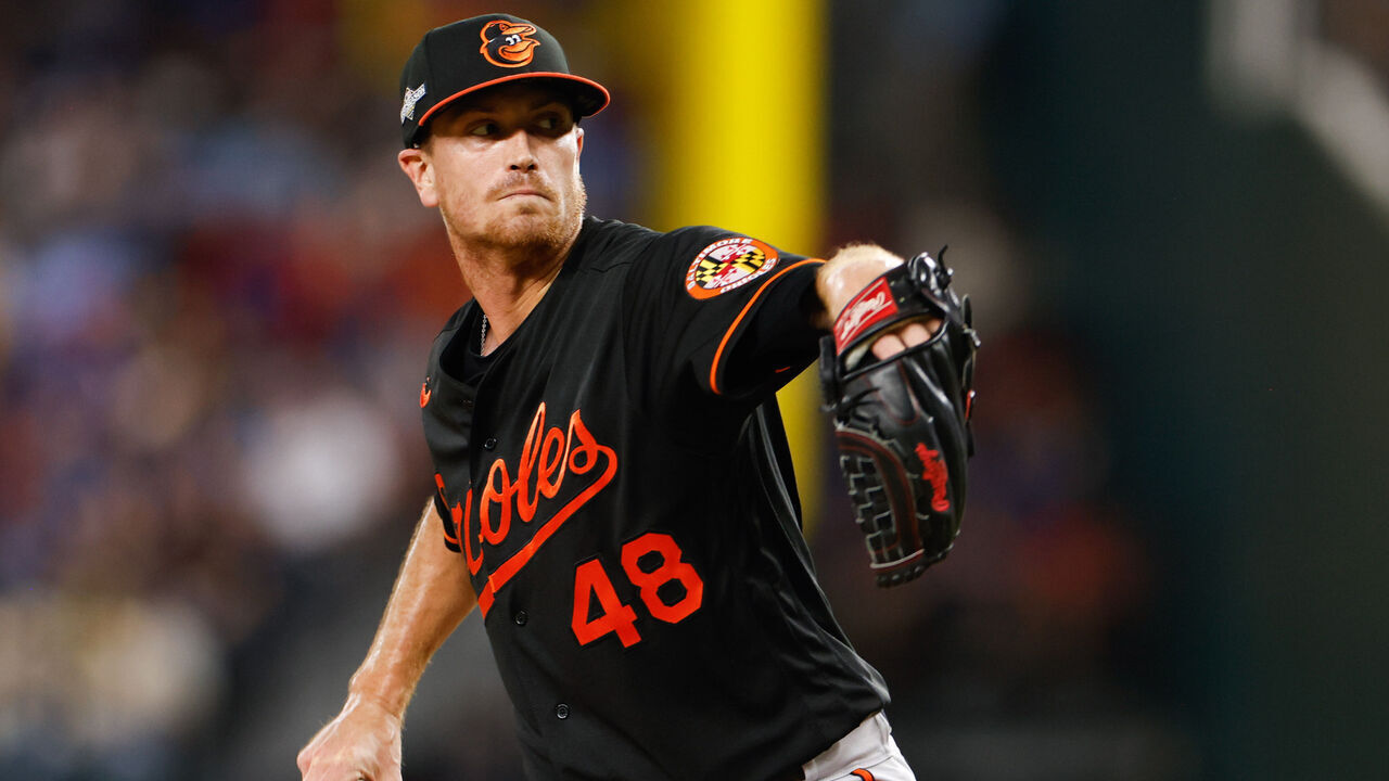 ARLINGTON, TX - OCTOBER 10: Kyle Gibson #48 of the Baltimore Orioles pitches during Game 3 of the Division Series between the Baltimore Orioles and the Texas Rangers at Globe Life Field on Tuesday, October 10, 2023 in Arlington, Texas.