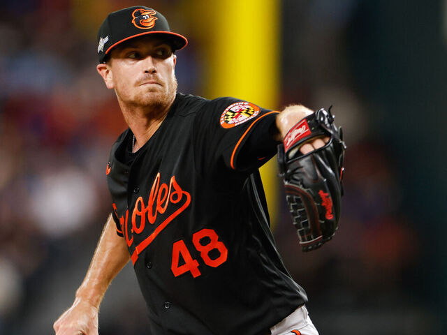 ARLINGTON, TX - OCTOBER 10: Kyle Gibson #48 of the Baltimore Orioles pitches during Game 3 of the Division Series between the Baltimore Orioles and the Texas Rangers at Globe Life Field on Tuesday, October 10, 2023 in Arlington, Texas.
