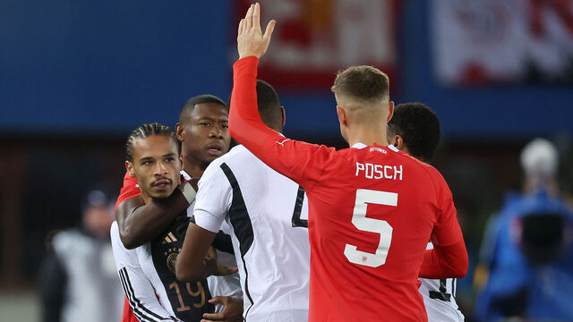 VIENNA, AUSTRIA - NOVEMBER 21: Leroy Sane of Germany reacts after being shown a red card during the international friendly match between Austria and Germany at Ernst Happel Stadion on November 21, 2023 in Vienna, Austria.