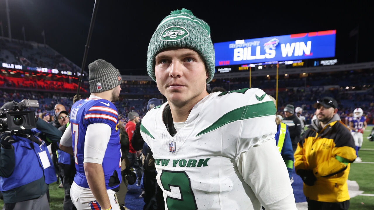 ORCHARD PARK, NEW YORK - NOVEMBER 19: Josh Allen #17 of the Buffalo Bills and Zach Wilson #2 of the New York Jets meet after the Bills beat the Jets 32-6 at Highmark Stadium on November 19, 2023 in Orchard Park, New York.