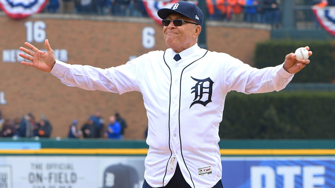 DETROIT, MI - APRIL 04: Former Detroit Tigers relief pitcher Willie Hernandez waves to the crowd before throwing out the ceremonial first pitch prior to the Opening Day game between the Detroit Tigers and the Kansas City Royals at Comerica Park on April 4, 2019 in Detroit, Michigan. The Tigers defeated the Royals 5-4.