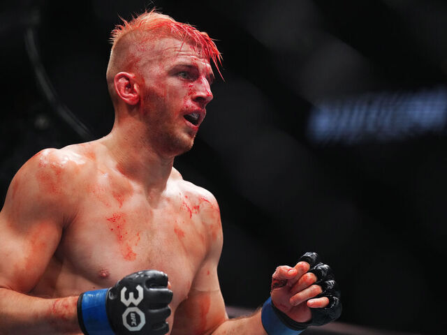 LAS VEGAS, NEVADA - JULY 08: Dan Hooker of New Zealand reacts to the start of the round during the UFC 290 event at T-Mobile Arena on July 08, 2023 in Las Vegas, Nevada.