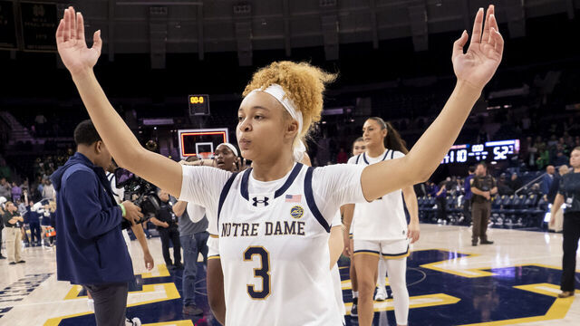 SOUTH BEND, IN - NOVEMBER 15: Notre Dame Fighting Irish guard Hannah Hidalgo (3) reacts after defeating the Northwestern Wildcats 110 to 52 after a college basketball game between the Northwestern Wildcats and the Notre Dame Fighting Irish on November 15, 2023 at Purcell Pavilion in South Bend, Indiana.