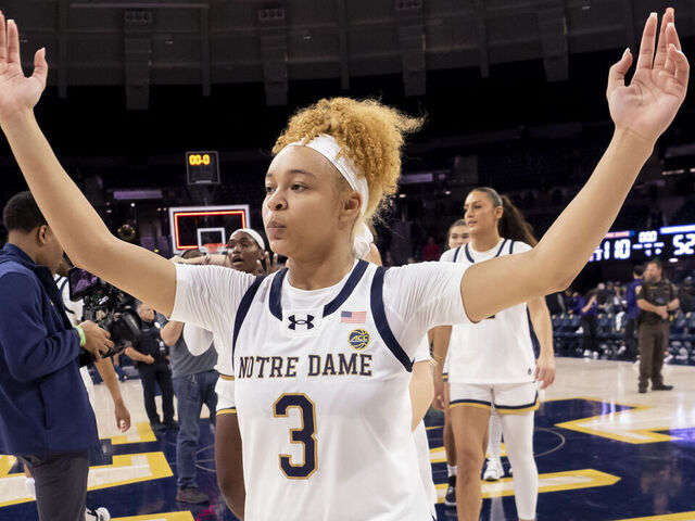SOUTH BEND, IN - NOVEMBER 15: Notre Dame Fighting Irish guard Hannah Hidalgo (3) reacts after defeating the Northwestern Wildcats 110 to 52 after a college basketball game between the Northwestern Wildcats and the Notre Dame Fighting Irish on November 15, 2023 at Purcell Pavilion in South Bend, Indiana.