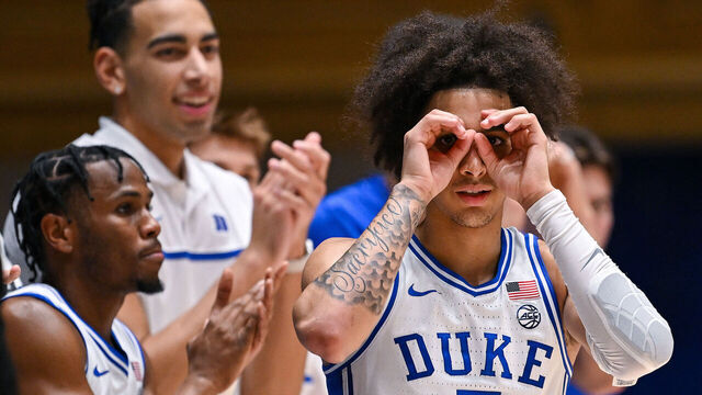 DURHAM, NORTH CAROLINA - NOVEMBER 21: Tyrese Proctor #5 of the Duke Blue Devils reacts after a basket against the La Salle Explorers during the second half of the game at Cameron Indoor Stadium on November 21, 2023 in Durham, North Carolina.