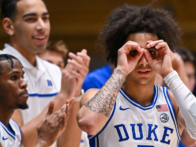 DURHAM, NORTH CAROLINA - NOVEMBER 21: Tyrese Proctor #5 of the Duke Blue Devils reacts after a basket against the La Salle Explorers during the second half of the game at Cameron Indoor Stadium on November 21, 2023 in Durham, North Carolina.