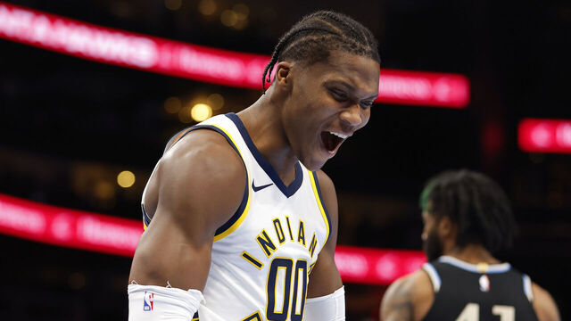 ATLANTA, GEORGIA - NOVEMBER 21: Bennedict Mathurin #00 of the Indiana Pacers reacts during the fourth quarter against the Atlanta Hawks during an NBA In-Season Tournament game at State Farm Arena on November 21, 2023 in Atlanta, Georgia.
