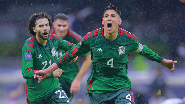 MEXICO CITY, MEXICO - NOVEMBER 21: Edson Alvarez of Mexico celebrates after scoring the team's second goal during the CONCACAF Nations League quarterfinals second leg match between Mexico and Honduras at Azteca Stadium on November 21, 2023 in Mexico City, Mexico.