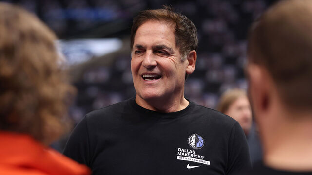 DALLAS, TEXAS - NOVEMBER 01: Mark Cuban, owner of the Dallas Mavericks, talks to reporters before the game against the Chicago Bulls at American Airlines Center on November 01, 2023 in Dallas, Texas.