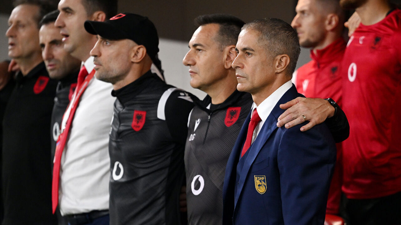 TIRANA, ALBANIA - OCTOBER 12: Sylvinho, Head Coach of Albania, line up during the National Anthems prior to the UEFA EURO 2024 European qualifier match between Albania and Czechia at Air Albania Stadium on October 12, 2023 in Tirana, Albania.