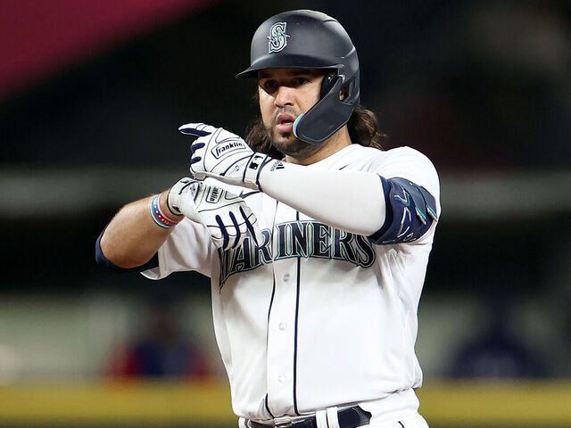 SEATTLE, WASHINGTON - SEPTEMBER 28: Eugenio Suarez #28 of the Seattle Mariners reacts after his double during the sixth inning against the Texas Rangers at T-Mobile Park on September 28, 2023 in Seattle, Washington.