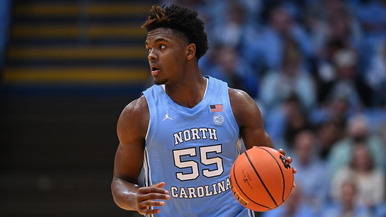 CHAPEL HILL, NORTH CAROLINA - NOVEMBER 17: Harrison Ingram #55 of the North Carolina Tar Heels moves the ball against the UC Riverside Highlanders during the game at the Dean E. Smith Center on November 17, 2023 in Chapel Hill, North Carolina. The Tar Heels won 77-52.