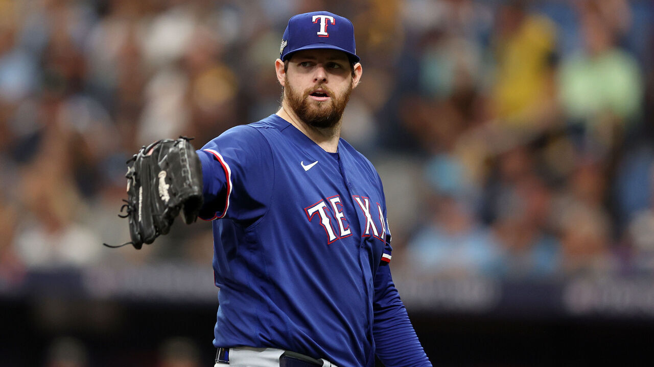 ST PETERSBURG, FLORIDA - OCTOBER 03: Jordan Montgomery #52 of the Texas Rangers reacts in the first inning against the Tampa Bay Rays during Game One of the Wild Card Series at Tropicana Field on October 03, 2023 in St Petersburg, Florida.